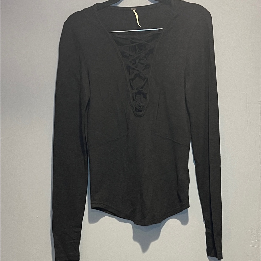 Free People Black Lace-Up Blouse size small